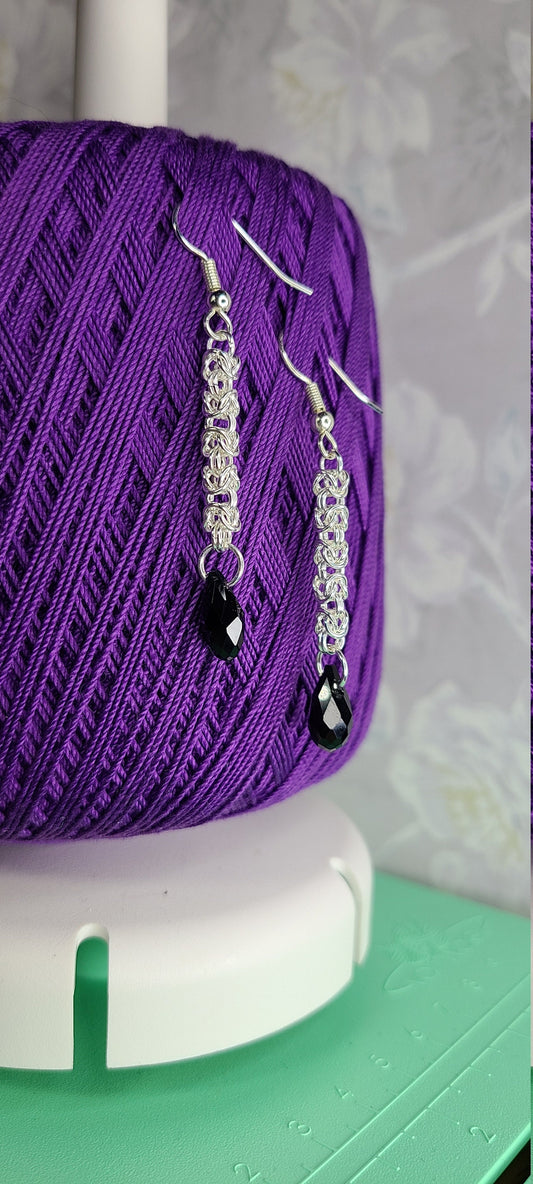 Byzantine Chainmaille Earrings - Black Glass Teardrop