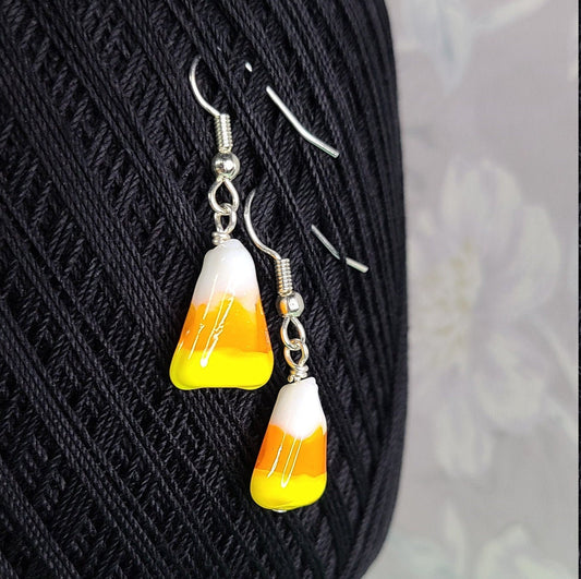 Glass Candy Corn Earrings – Handmade Fall Jewelry, Halloween Gift, Fun Autumn Dangle Earrings