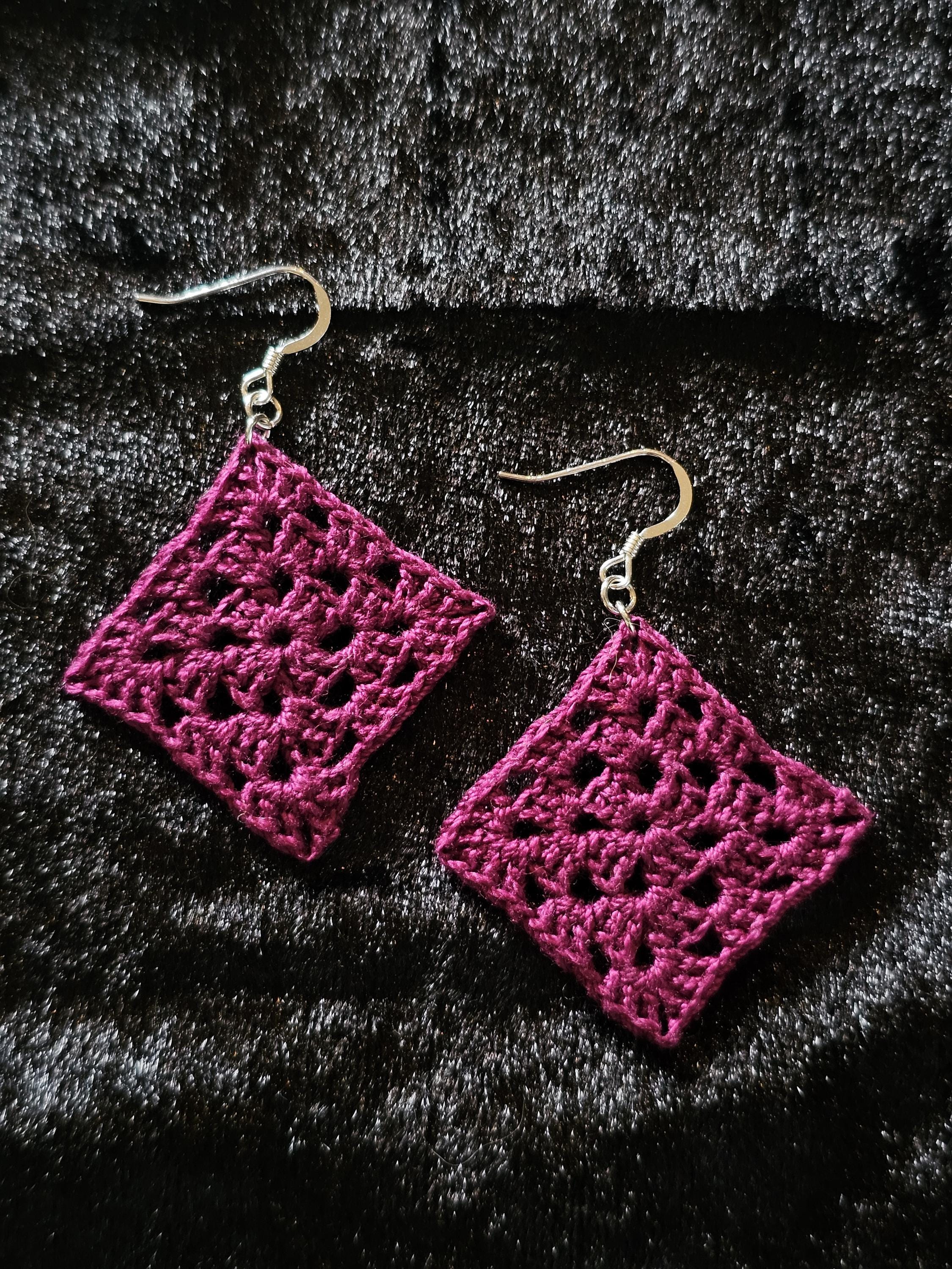 Crocheted Granny Square Earrings – Handmade Cotton Thread Jewelry, Boho Retro Gift, Lightweight Dangles