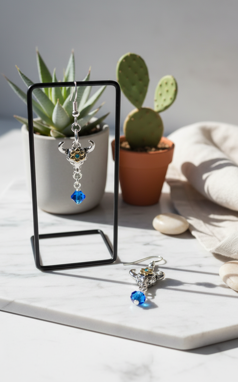 Cow Skull Charm Earrings in modern boho setting