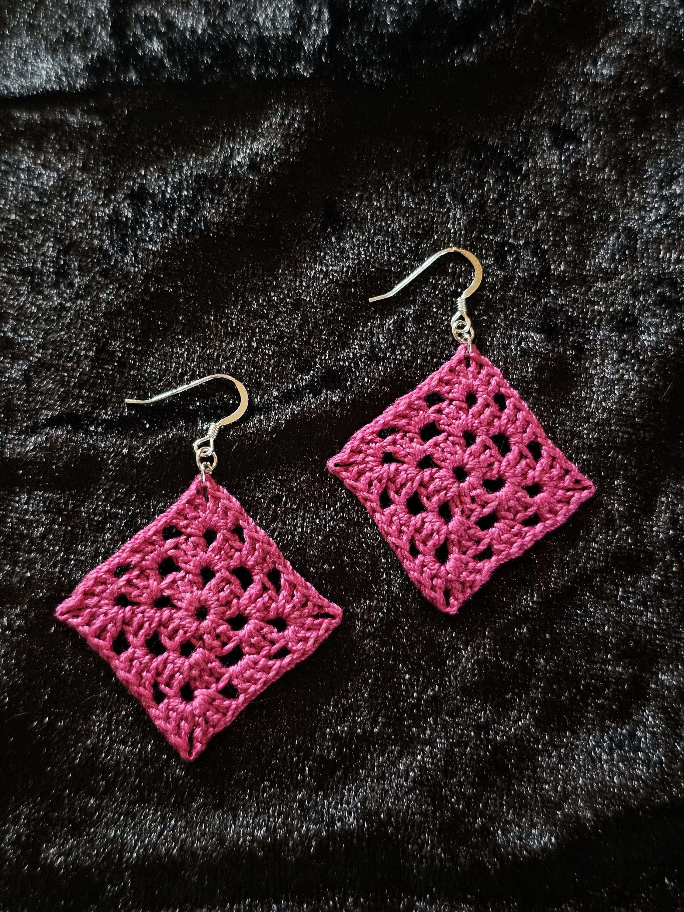 Crocheted Granny Square Earrings – Handmade Cotton Thread Jewelry, Boho Retro Gift, Lightweight Dangles