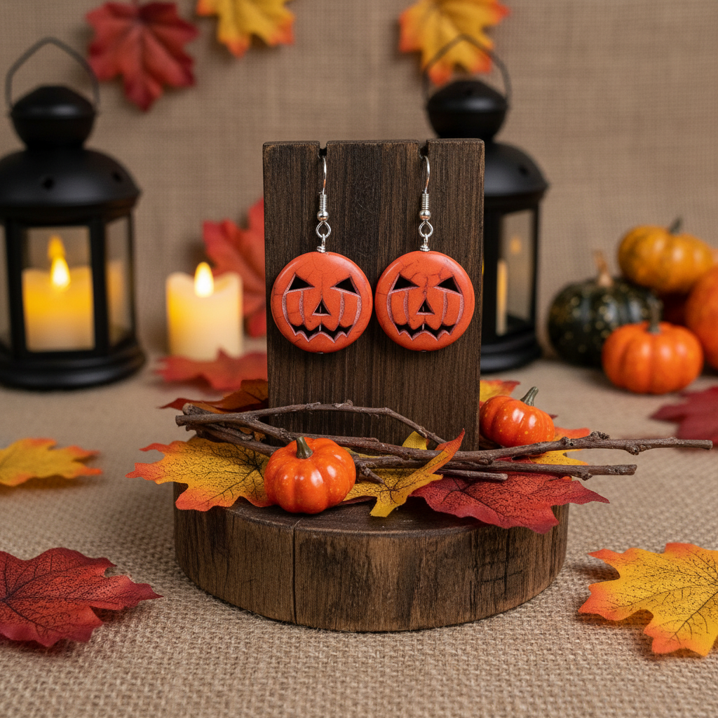 Jack-o-lantern Pumpkin Earrings in Halloween setting